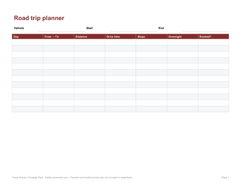 Preview of the first page of Road trip planner (PDF/DOCX)