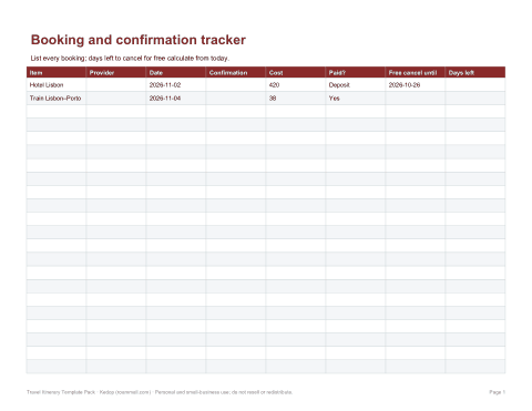 Preview of the first page of Booking tracker (XLSX)